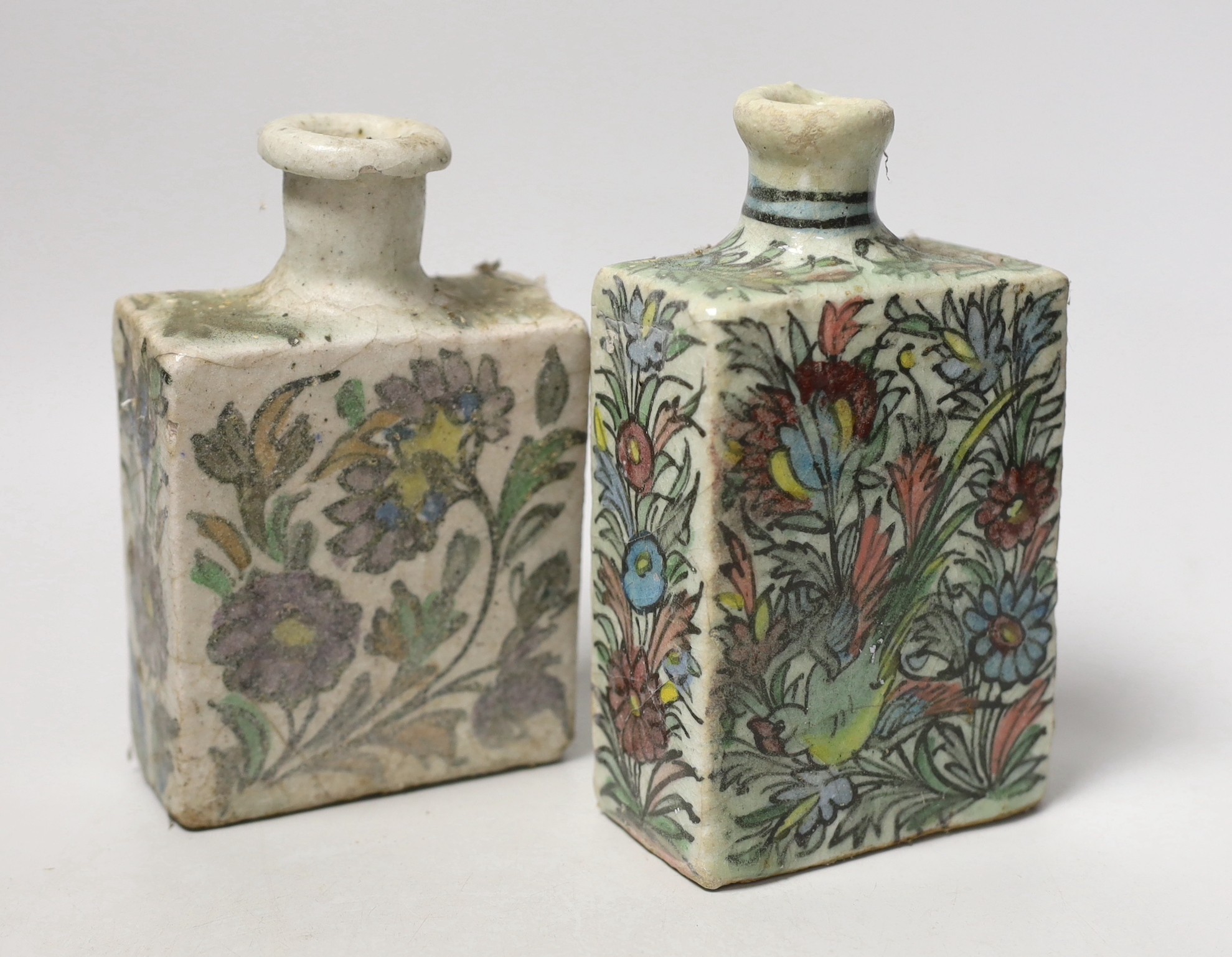 Two 19th century Persian fritware flasks, tallest 16.5cm